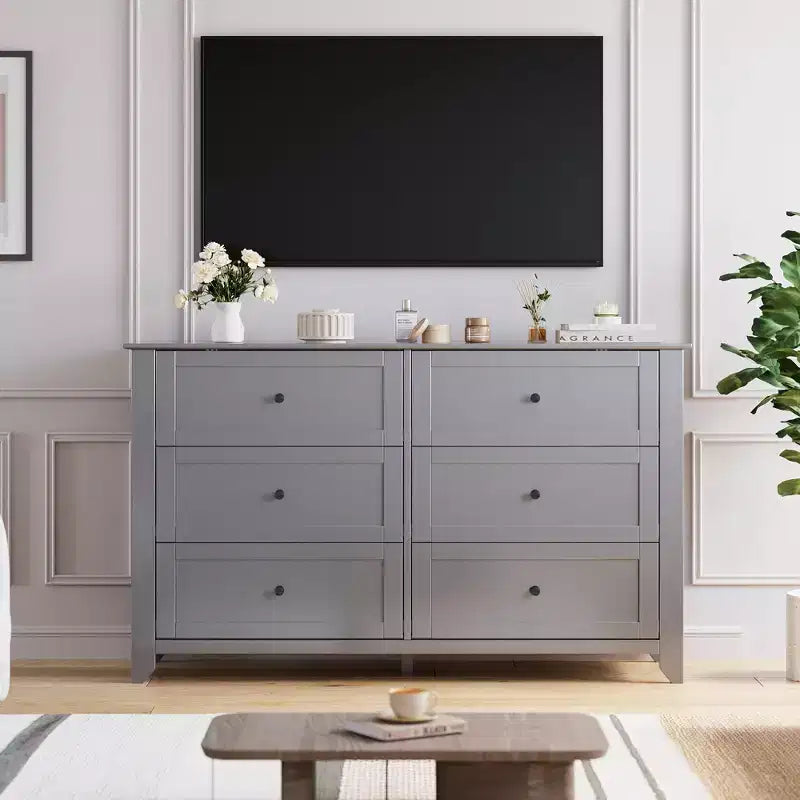 Commode à 6 tiroirs pour chambre à coucher, commode en bois de 54 po de largeur avec poignées métalliques, meuble TV, organisateur de rangement pour vêtements pour chambre à coucher, couloir, noir