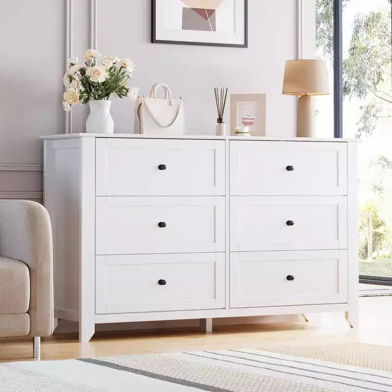 Commode à 6 tiroirs pour chambre à coucher, commode en bois de 54 po de largeur avec poignées métalliques, meuble TV, organisateur de rangement pour vêtements pour chambre à coucher, couloir, noir