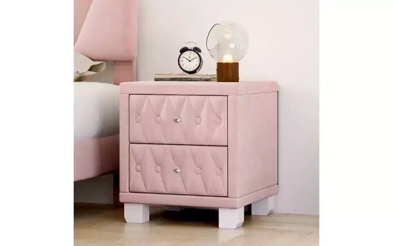 Table de chevet capitonnée en velours avec poignées en cristal, table d'appoint à 2 tiroirs pour chambre et salon, table de chevet de rangement