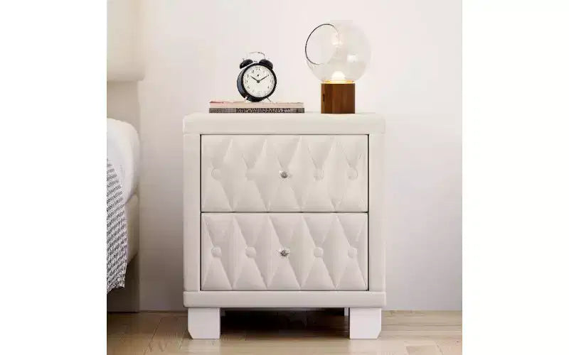 TUYOHW Velvet Button-Tufted Nightstand with Crystal Knobs, 2-Drawer Side Table for Bedroom Living Room, Storage Bedside Table