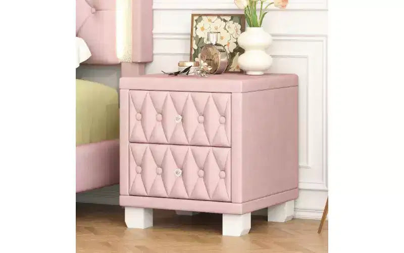 Table de chevet capitonnée en velours avec poignées en cristal, table d'appoint à 2 tiroirs pour chambre et salon, table de chevet de rangement