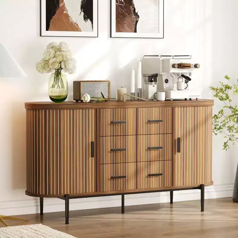 Buffet de 150 cm avec tiroirs et portes coulissantes, Meuble TV console multimédia de style campagnard pour salon