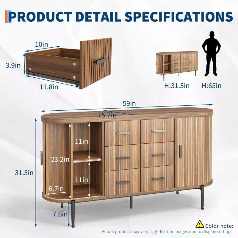 Buffet de 150 cm avec tiroirs et portes coulissantes, Meuble TV console multimédia de style campagnard pour salon
