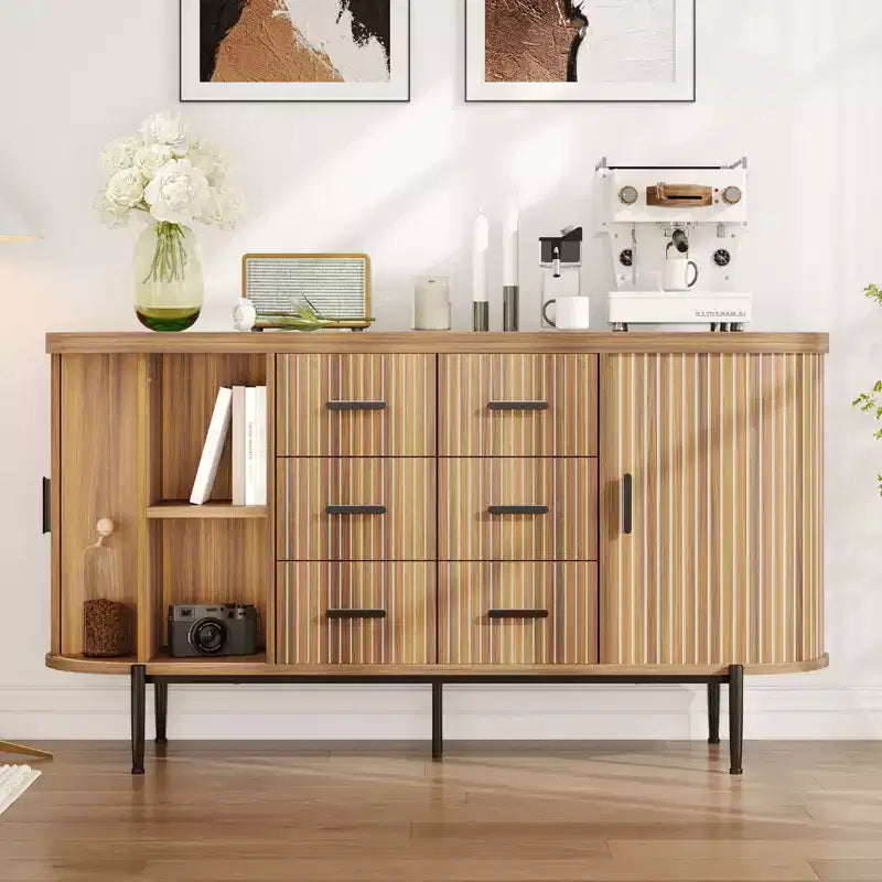 Buffet de 150 cm avec tiroirs et portes coulissantes, Meuble TV console multimédia de style campagnard pour salon