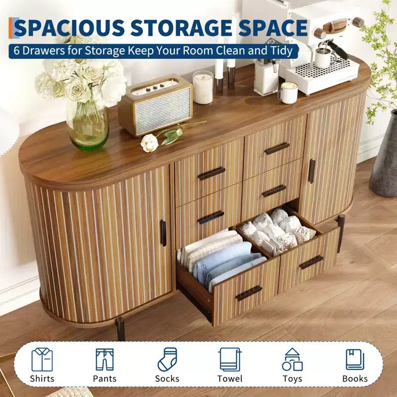 Buffet de 150 cm avec tiroirs et portes coulissantes, Meuble TV console multimédia de style campagnard pour salon