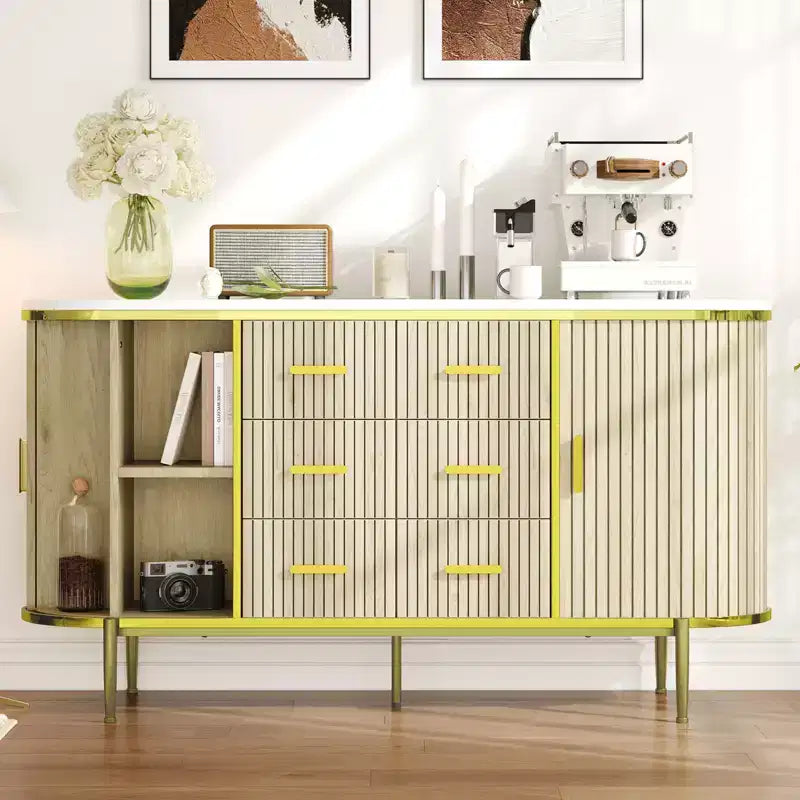 Buffet de 150 cm avec tiroirs et portes coulissantes, Meuble TV console multimédia de style campagnard pour salon