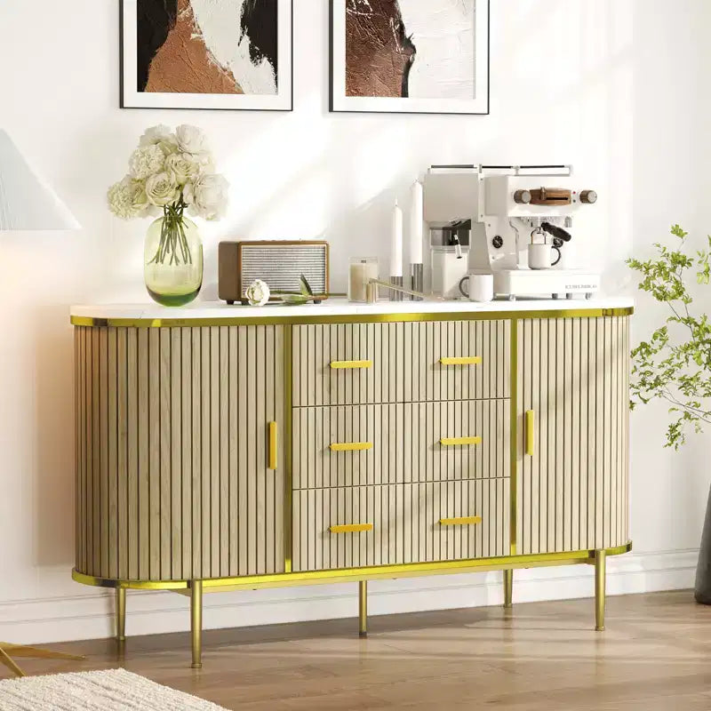 Buffet de 150 cm avec tiroirs et portes coulissantes, Meuble TV console multimédia de style campagnard pour salon