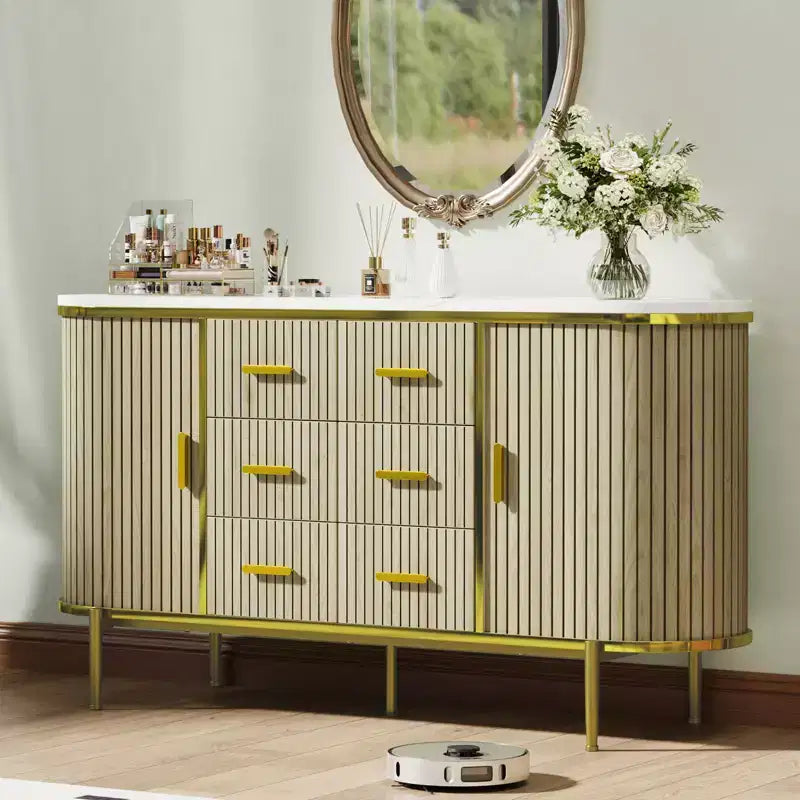Buffet de 150 cm avec tiroirs et portes coulissantes, Meuble TV console multimédia de style campagnard pour salon