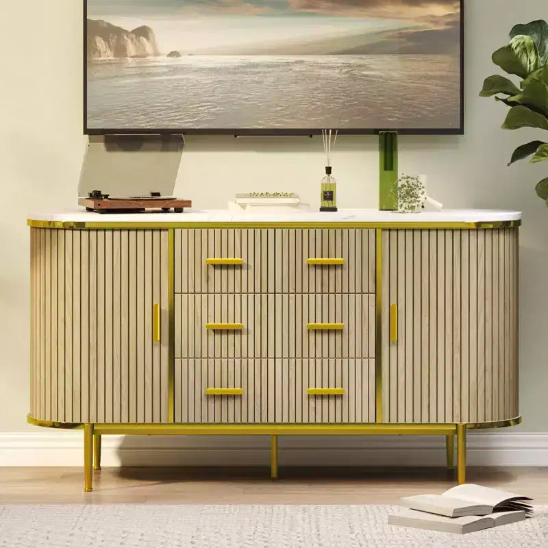 59in Sideboard Buffet Cabinet, Farmhouse Fluted Credenza Storage Cabinet Media TV Console Table with 6 Drawers 2 Sliding Doors for Living Room
