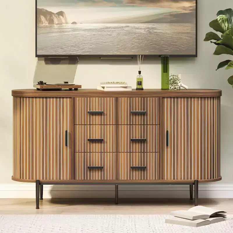 Buffet de 150 cm avec tiroirs et portes coulissantes, Meuble TV console multimédia de style campagnard pour salon