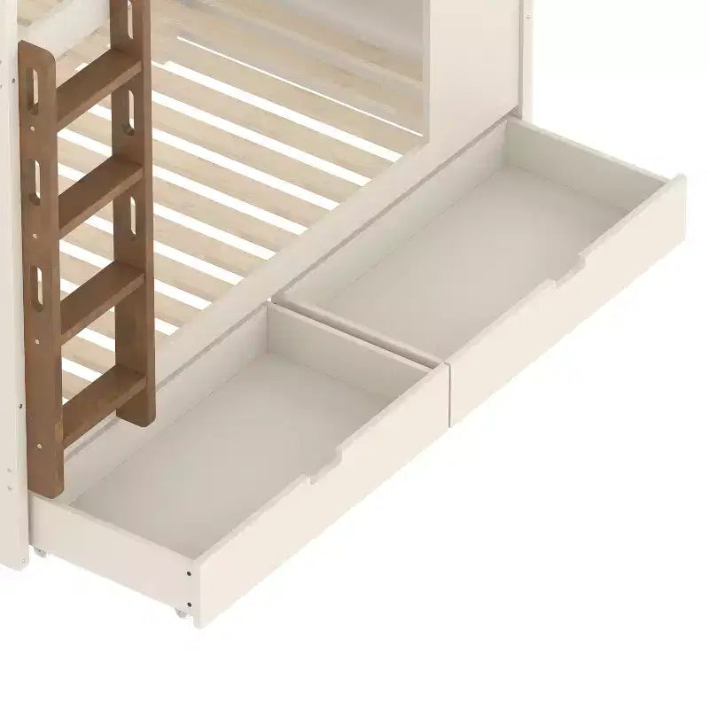 Lit superposé Queen Size avec lit gigogne/tiroirs et étagères, cadre de lit superposé en bois massif, pas besoin de sommier tapissier