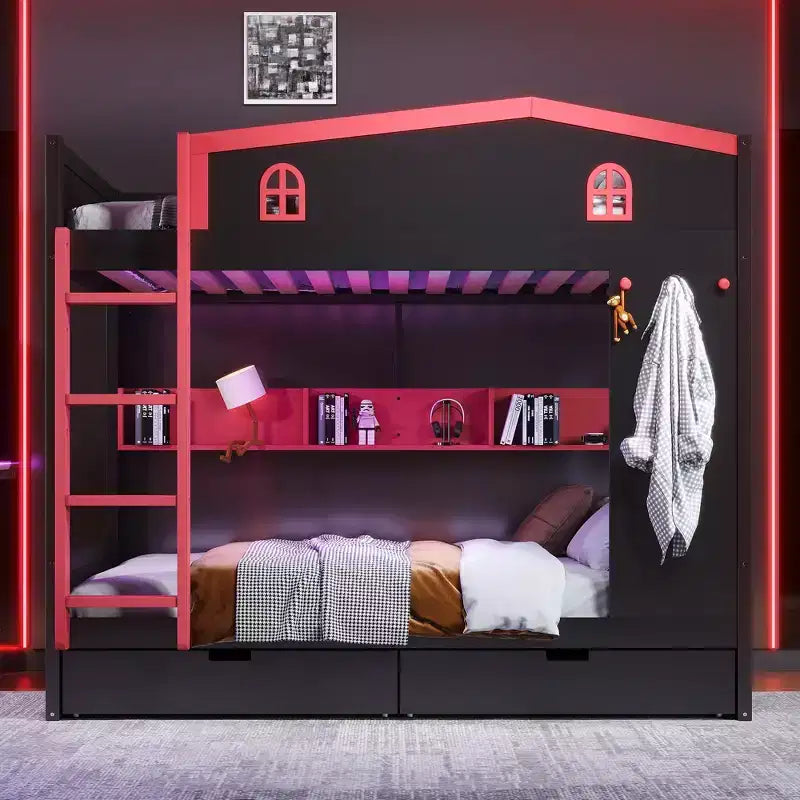 Lit superposé Queen Size avec lit gigogne/tiroirs et étagères, cadre de lit superposé en bois massif, pas besoin de sommier tapissier