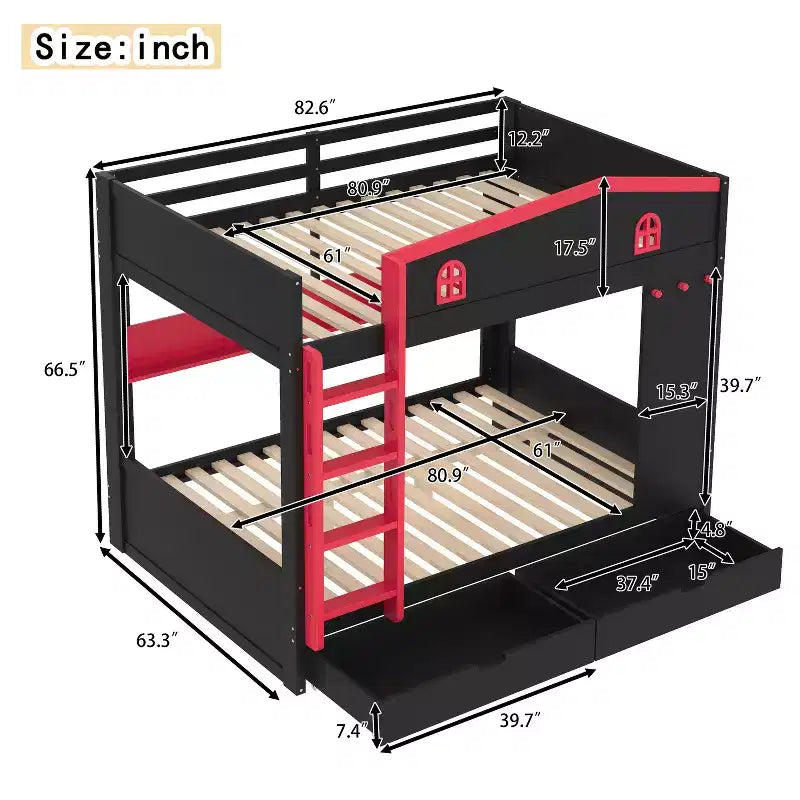 Lit superposé Queen Size avec lit gigogne/tiroirs et étagères, cadre de lit superposé en bois massif, pas besoin de sommier tapissier