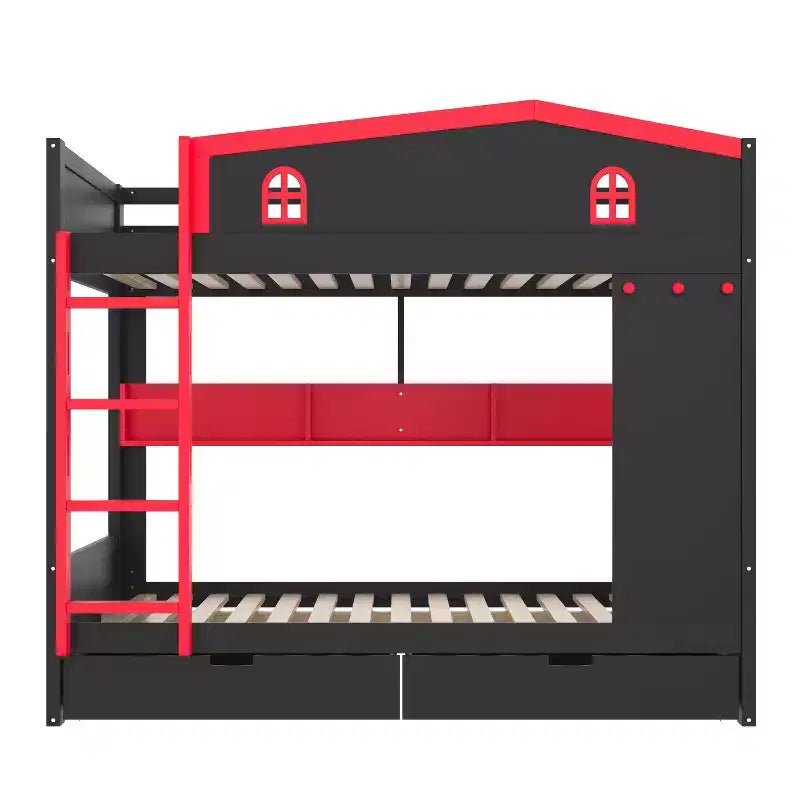Lit superposé Queen Size avec lit gigogne/tiroirs et étagères, cadre de lit superposé en bois massif, pas besoin de sommier tapissier