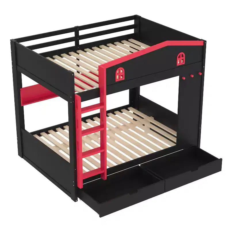 Lit superposé Queen Size avec lit gigogne/tiroirs et étagères, cadre de lit superposé en bois massif, pas besoin de sommier tapissier