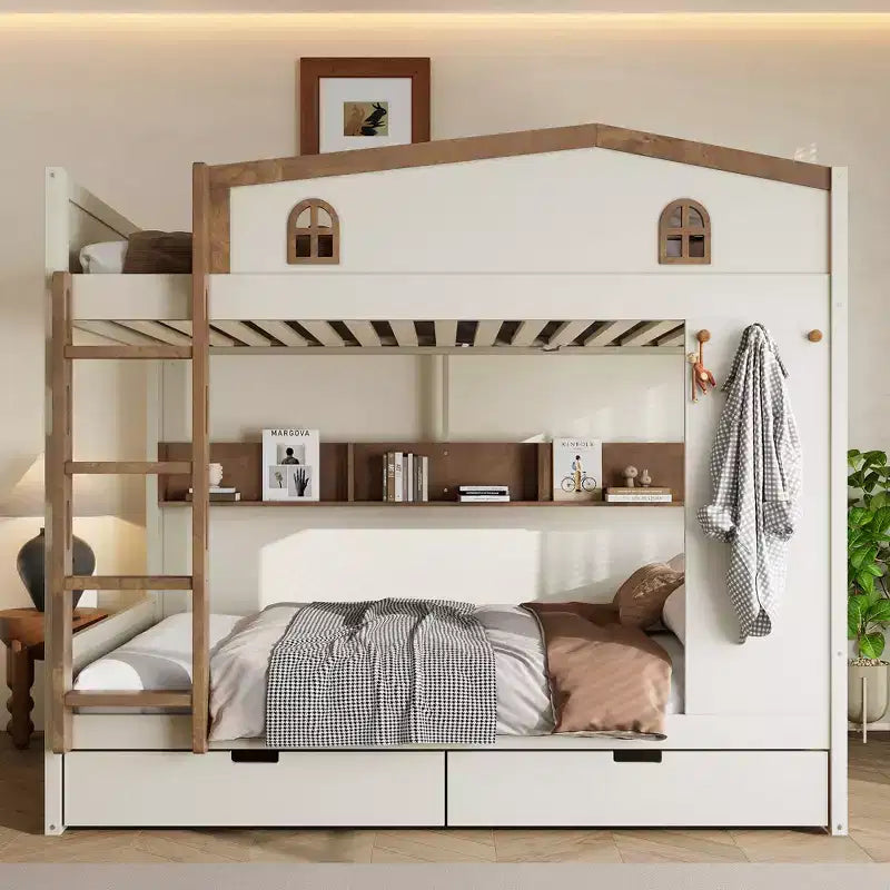 Lit superposé Queen Size avec lit gigogne/tiroirs et étagères, cadre de lit superposé en bois massif, pas besoin de sommier tapissier