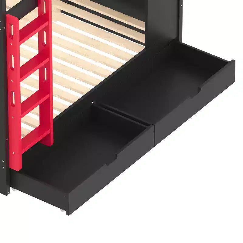 Lit superposé Queen Size avec lit gigogne/tiroirs et étagères, cadre de lit superposé en bois massif, pas besoin de sommier tapissier