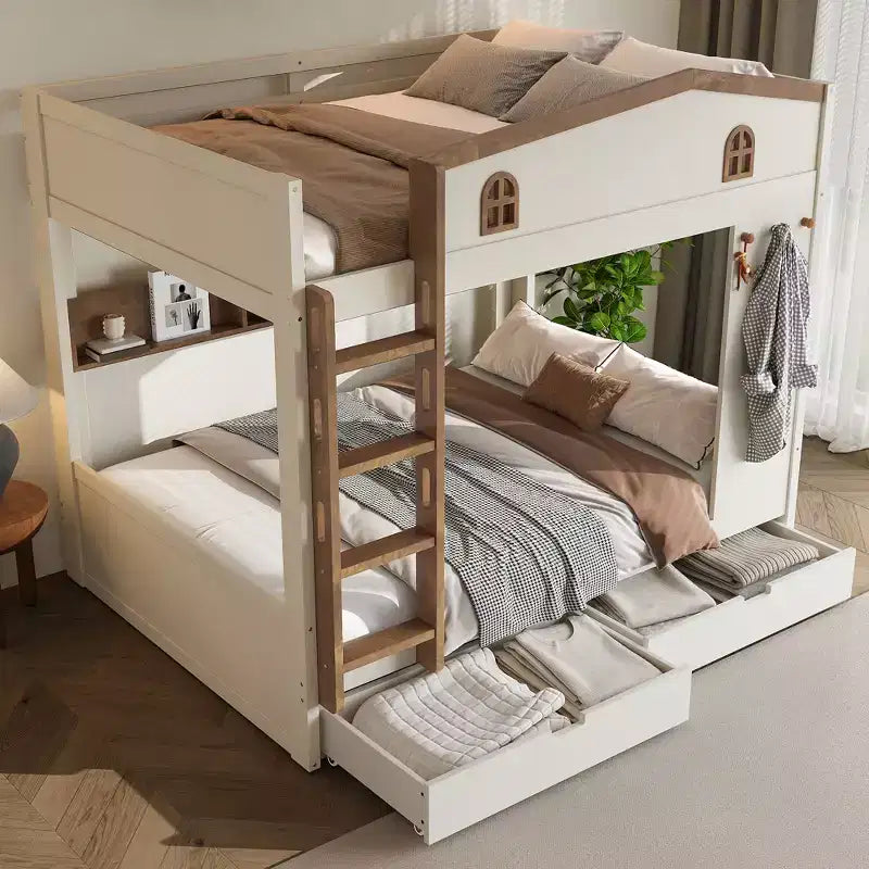 Lit superposé Queen Size avec lit gigogne/tiroirs et étagères, cadre de lit superposé en bois massif, pas besoin de sommier tapissier