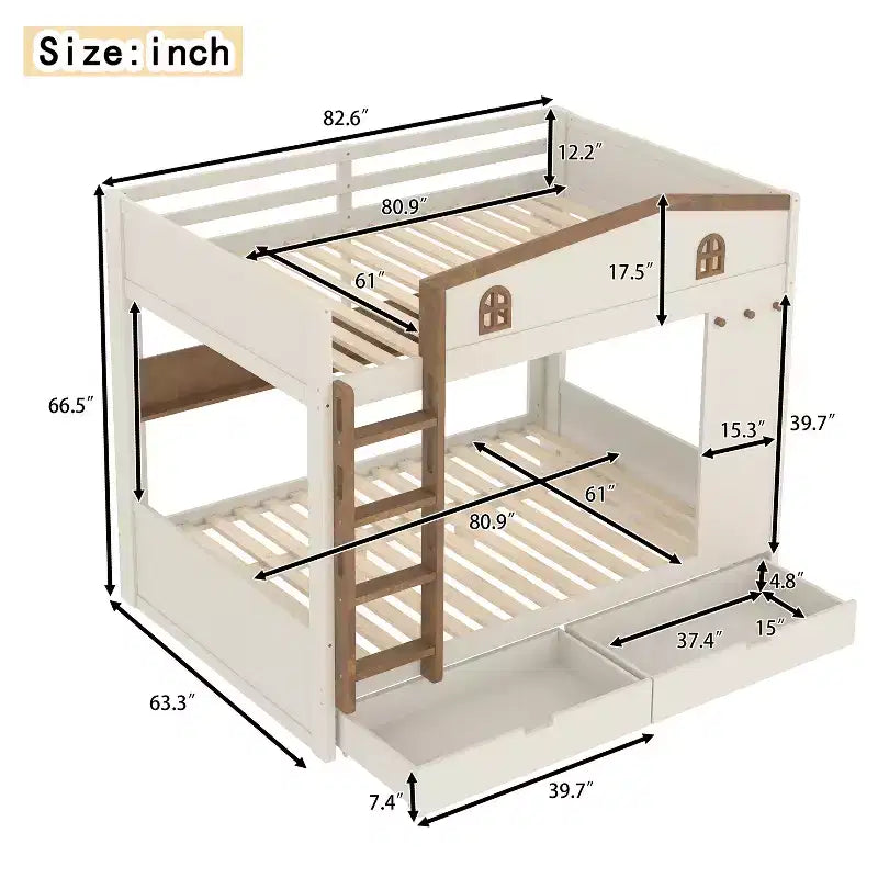 Lit superposé Queen Size avec lit gigogne/tiroirs et étagères, cadre de lit superposé en bois massif, pas besoin de sommier tapissier