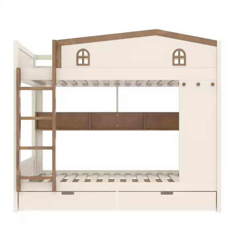 Lit superposé Queen Size avec lit gigogne/tiroirs et étagères, cadre de lit superposé en bois massif, pas besoin de sommier tapissier