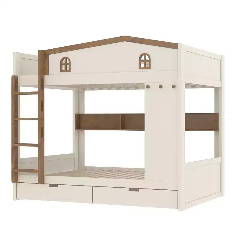 Lit superposé Queen Size avec lit gigogne/tiroirs et étagères, cadre de lit superposé en bois massif, pas besoin de sommier tapissier