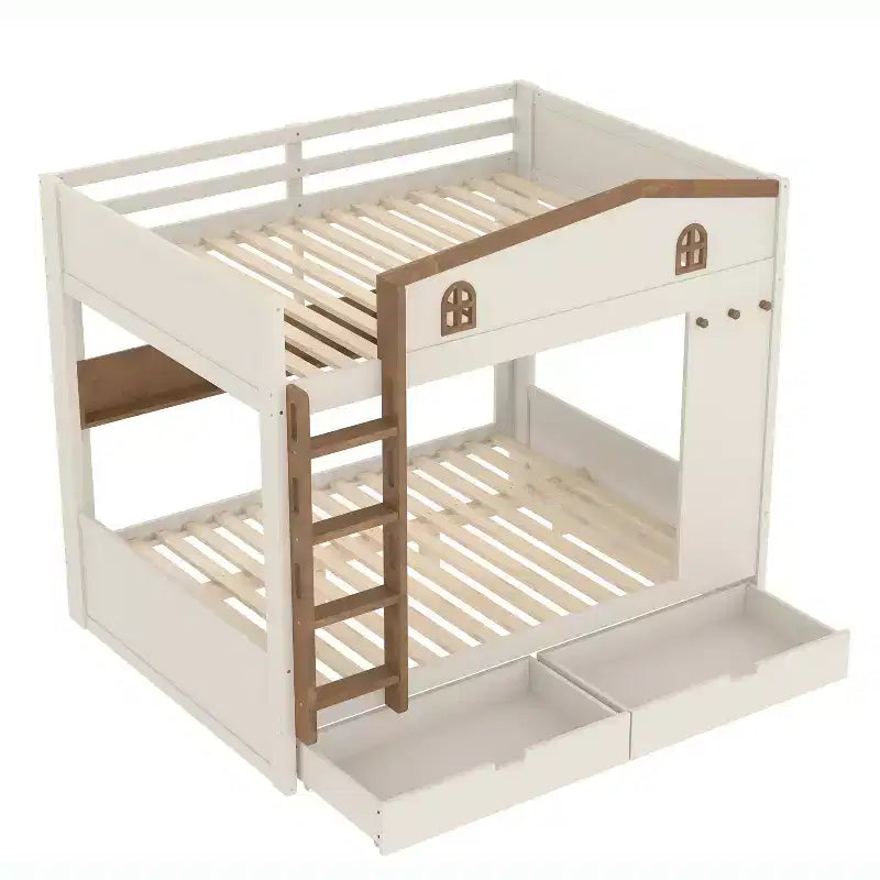 Lit superposé Queen Size avec lit gigogne/tiroirs et étagères, cadre de lit superposé en bois massif, pas besoin de sommier tapissier