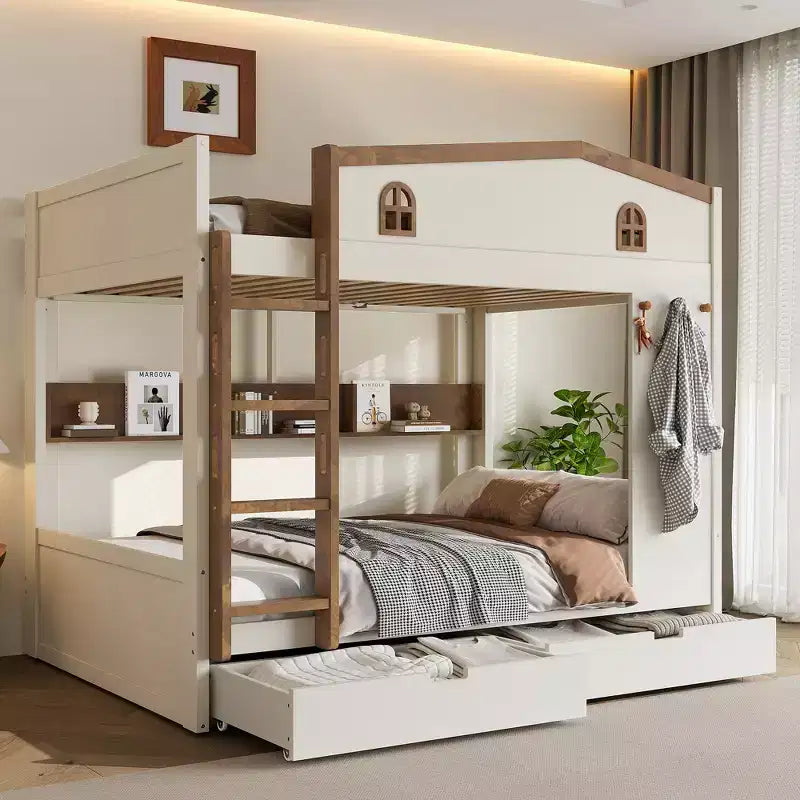Queen Size Bunk Bed with Trundle/Drawers & Shelves, Solid Wood Bunk Bed Frame, No Box Spring Needed - ModernLuxe