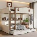 Queen Size Bunk Bed with Trundle/Drawers & Shelves, Solid Wood Bunk Bed Frame, No Box Spring Needed - ModernLuxe