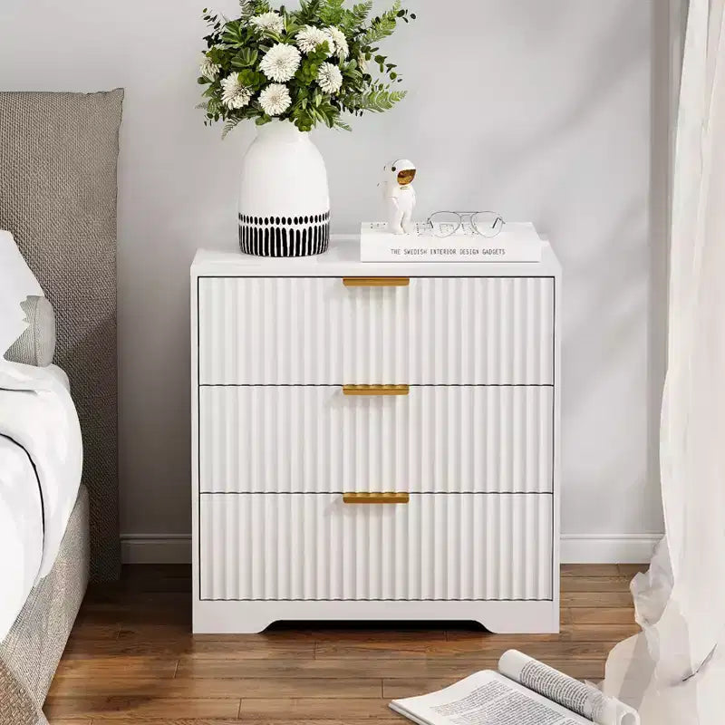 Modern White Wood Nightstand 3 Drawers Fluted Bedside Table Large 27 Inch Wide Storage Accent Cabinet Dresser For Bedroom Living Room Home Furniture
