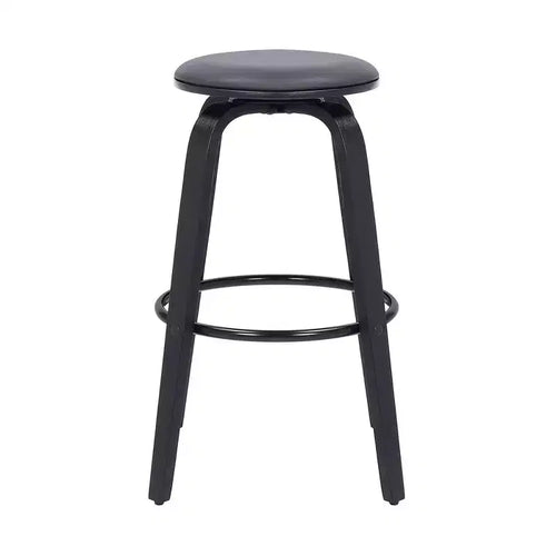 Tabouret de bar de 30 po sans dossier pivotant en similicuir et bois, hauteur comptoir, gris/noir : Assise ronde, repose-pieds, hauteur fixe