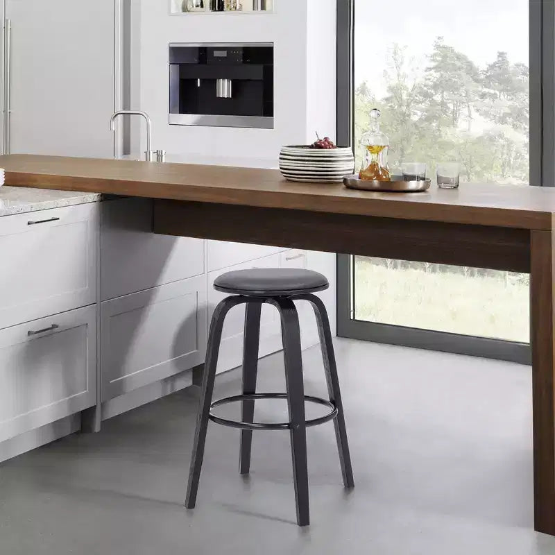 Tabouret de bar de 30 po sans dossier pivotant en similicuir et bois, hauteur comptoir, gris/noir : Assise ronde, repose-pieds, hauteur fixe