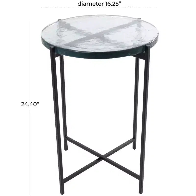Table d'appoint en métal noir en forme de X avec plateau en verre texturé : design contemporain, aucun assemblage requis