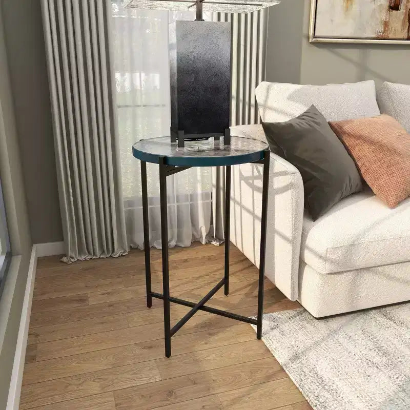 Table d'appoint en métal noir en forme de X avec plateau en verre texturé : design contemporain, aucun assemblage requis