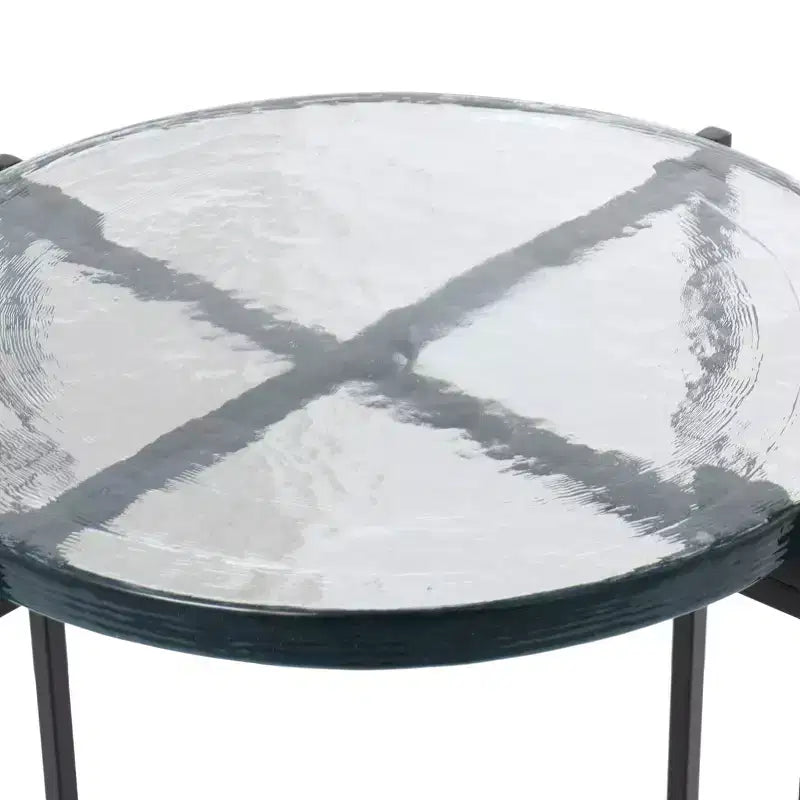 Table d'appoint en métal noir en forme de X avec plateau en verre texturé : design contemporain, aucun assemblage requis