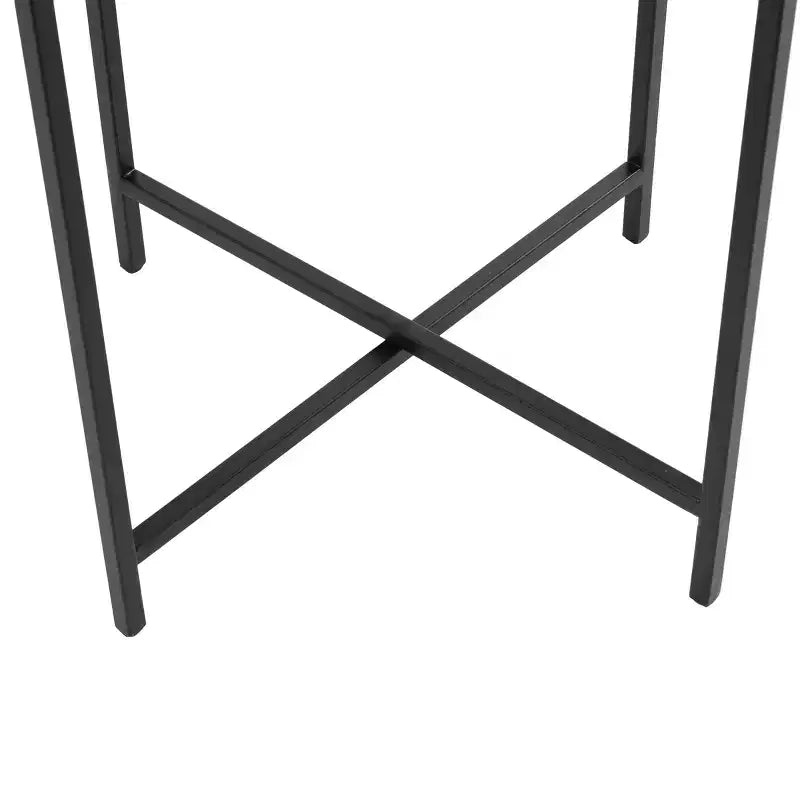Table d'appoint en métal noir en forme de X avec plateau en verre texturé : design contemporain, aucun assemblage requis