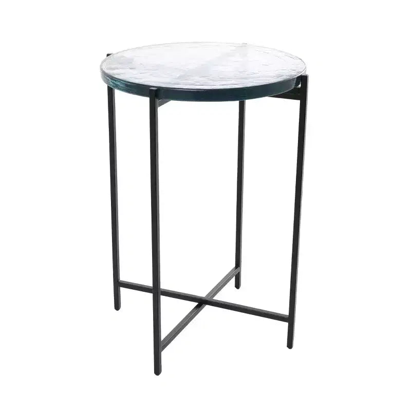 Table d'appoint en métal noir en forme de X avec plateau en verre texturé : design contemporain, aucun assemblage requis
