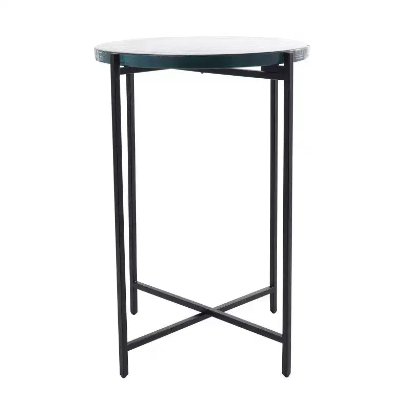 Table d'appoint en métal noir en forme de X avec plateau en verre texturé : design contemporain, aucun assemblage requis