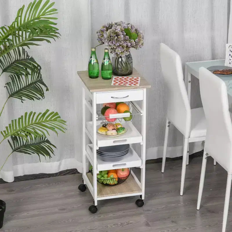 Desserte de cuisine mobile à roulettes avec tiroir inférieur et panier de rangement coulissant