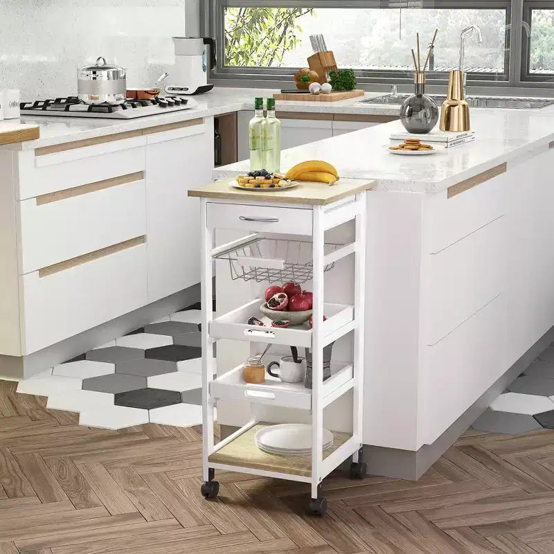 Desserte de cuisine mobile à roulettes avec tiroir inférieur et panier de rangement coulissant
