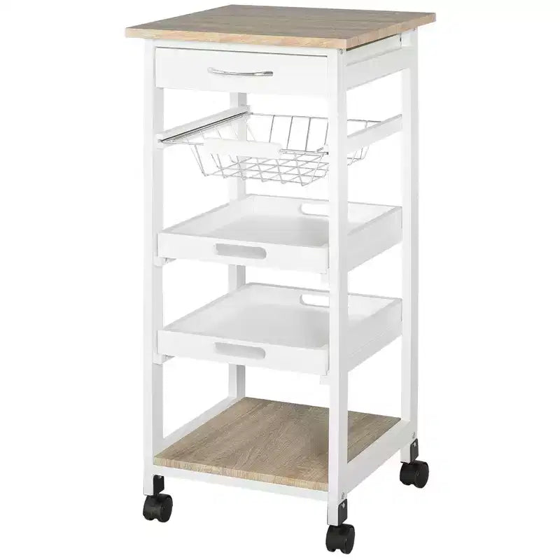 Desserte de cuisine mobile à roulettes avec tiroir inférieur et panier de rangement coulissant