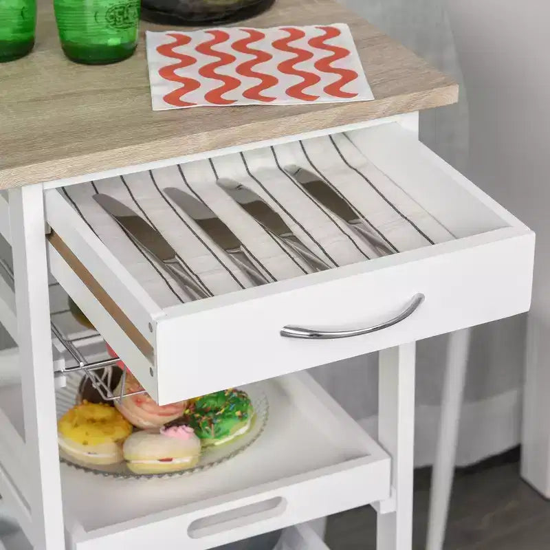 Desserte de cuisine mobile à roulettes avec tiroir inférieur et panier de rangement coulissant