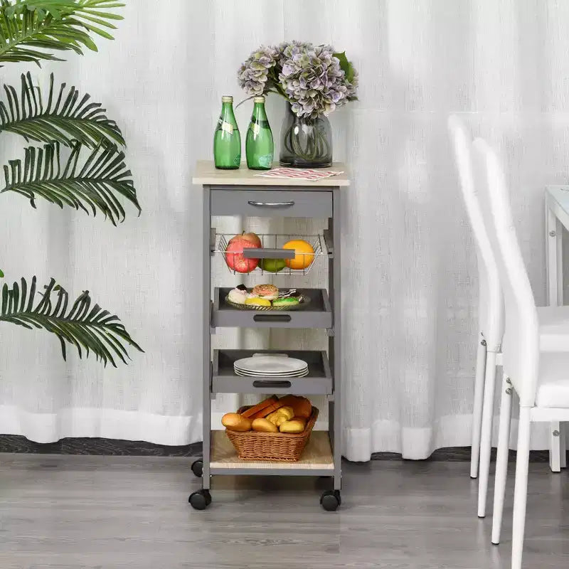 Desserte de cuisine mobile à roulettes avec tiroir inférieur et panier de rangement coulissant