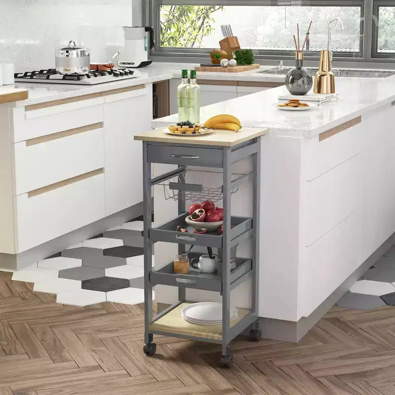 Desserte de cuisine mobile à roulettes avec tiroir inférieur et panier de rangement coulissant