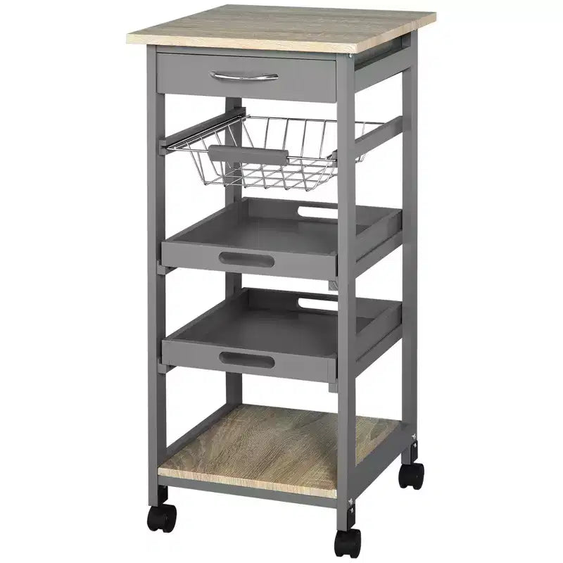 Desserte de cuisine mobile à roulettes avec tiroir inférieur et panier de rangement coulissant