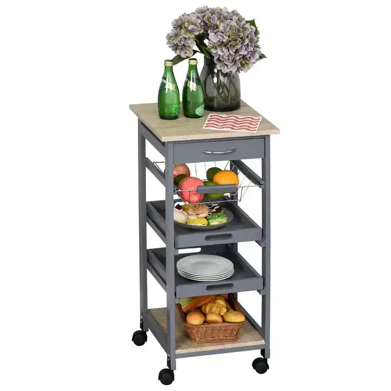 Desserte de cuisine mobile à roulettes avec tiroir inférieur et panier de rangement coulissant