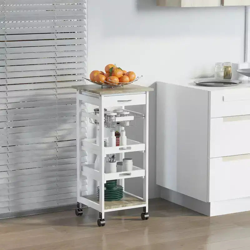 Desserte de cuisine mobile à roulettes avec tiroir inférieur et panier de rangement coulissant