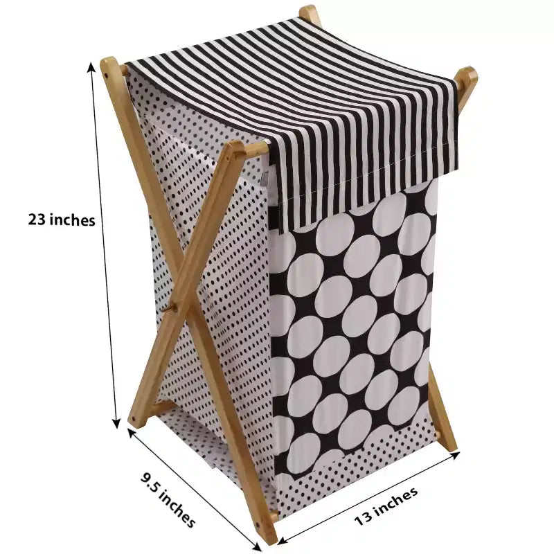 Panier à linge à pois/rayures fines noir/blanc avec cadre en bois
