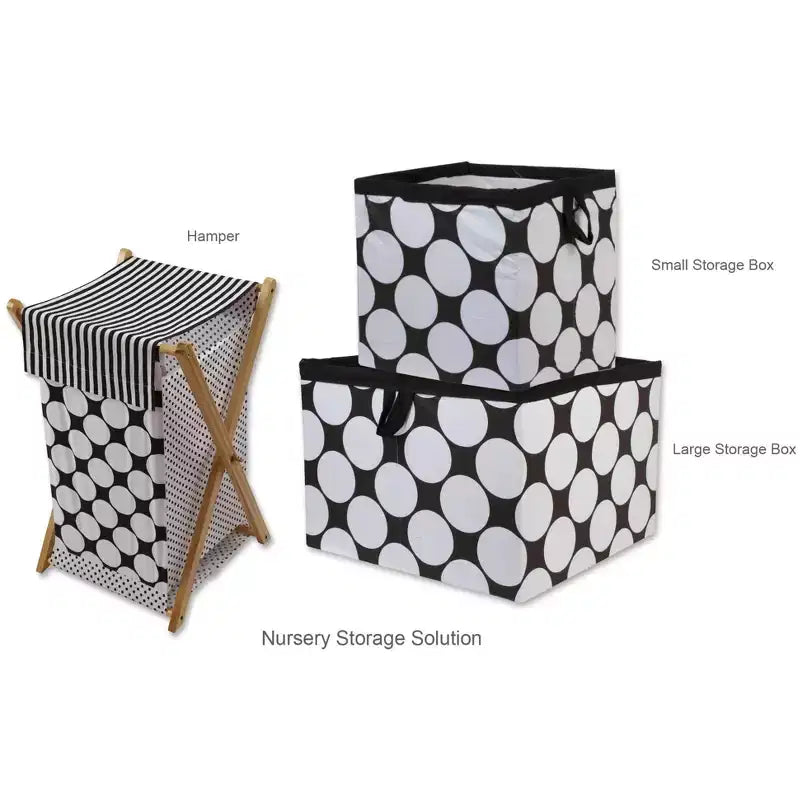 Panier à linge à pois/rayures fines noir/blanc avec cadre en bois