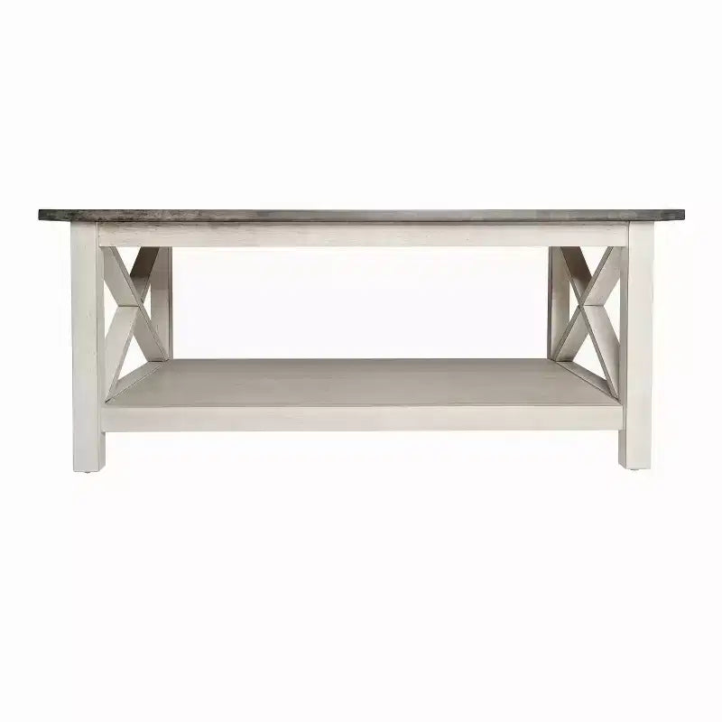 Table basse de style campagnard en bois massif avec étagère de rangement