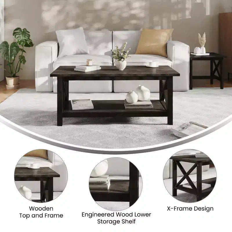Table basse de style campagnard en bois massif avec étagère de rangement